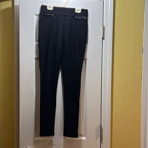 Women's Black Slim Fit Spandex Dress Pants w/ Faux Leather Trim Pockets - Size M